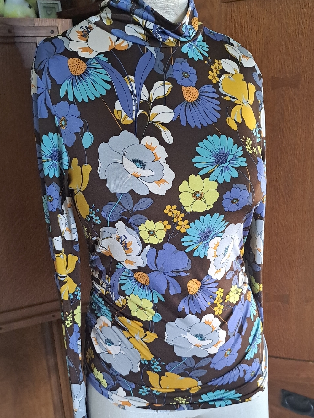 Zara Floral Ruched Turtleneck Top Large
